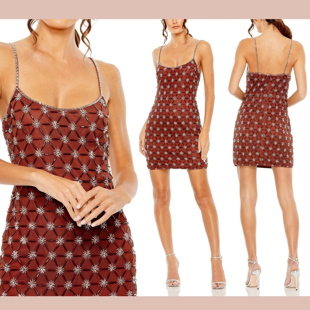 NWT MAC DUGGAL [ 8 ]‎ 10983 Scoop Neck Embellished Mini Dress in Nutmeg J1663